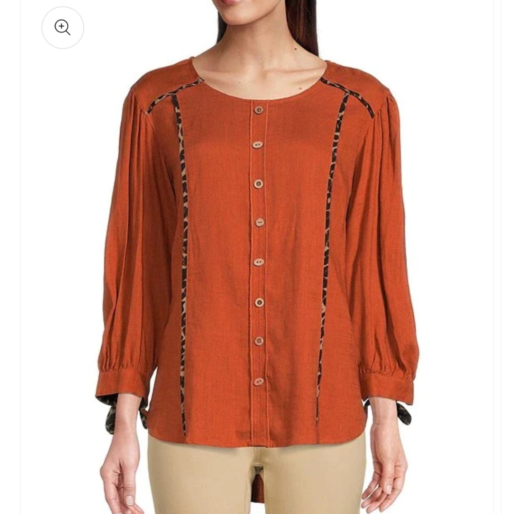 John Mark Cheetah Boho Trim Round Neck 3/4 Sleeve Button Front High-Low …